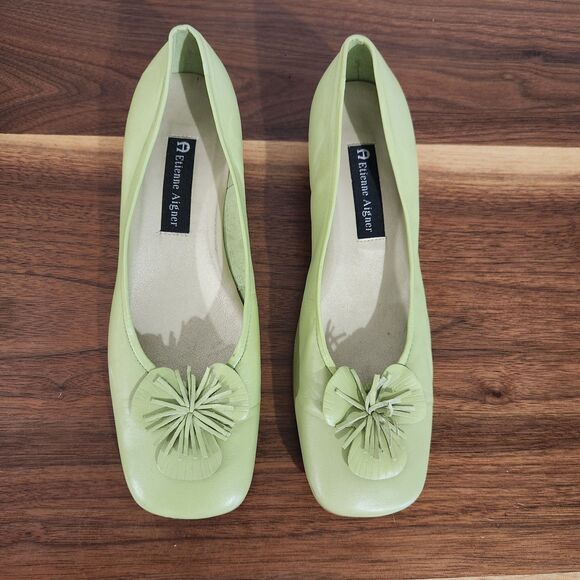 Etienne Aigner Lime Green Pumps Heels Womens 8.5 M Gardener Leather Stacked Heel - Picture 5 of 13